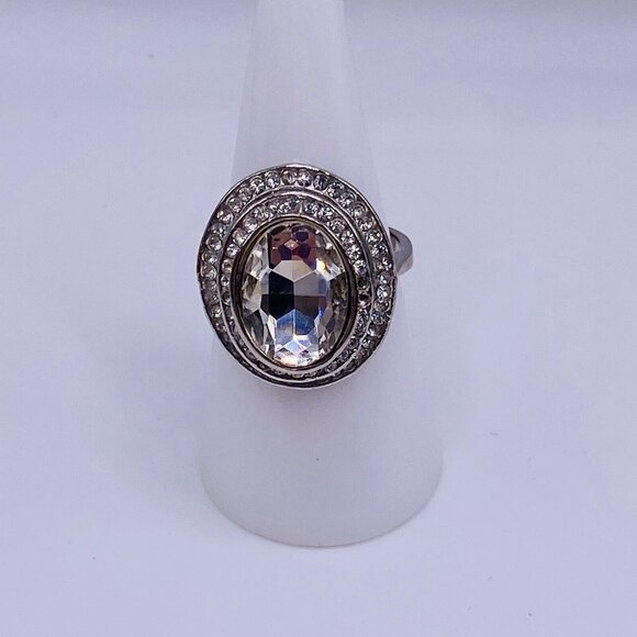 Large Clear Oval Silver Tone Ring 7.75 - Picture 1 of 6